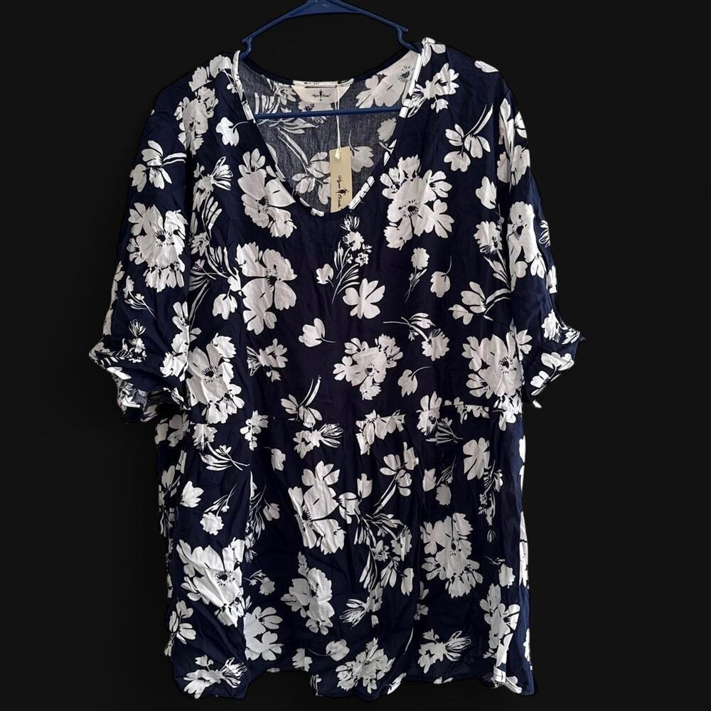 Navy blue and white floral shirt